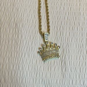 Gold tone and cz Crown Pendant Necklace 24” rope chain